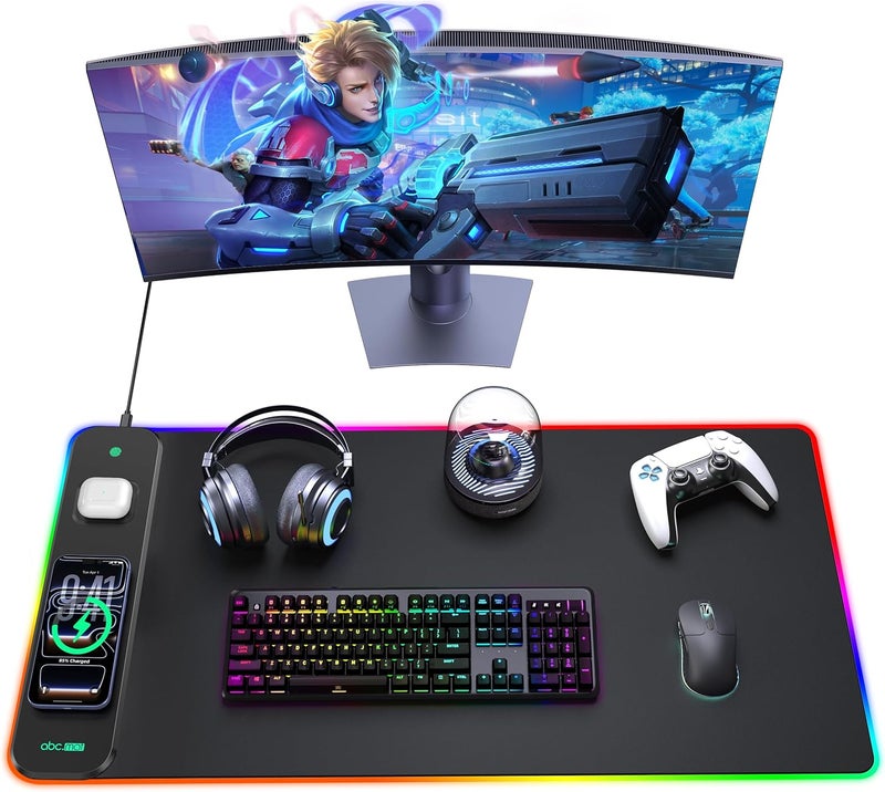 abc.mat 3-in-1 RGB Gaming Mouse Pad with Magnetic Wireless Charging, 31.5"x15.8" Large, 24 Light Effects, Non-Slip Base, Waterproof Ultra-Smooth Surface, with Adapter - Image 1